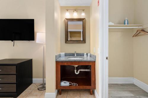 大洋城海岸棕榈树客栈及套房酒店的一间带水槽和镜子的浴室