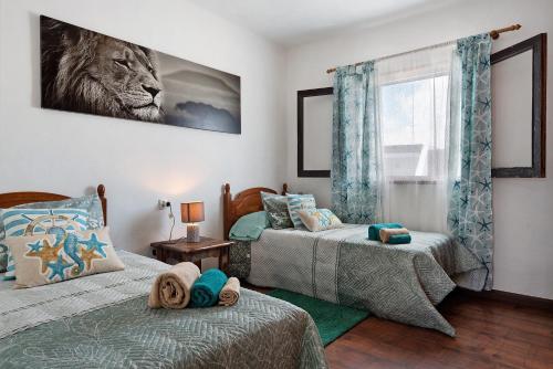 卡门港Casa Luz Elena的卧室配有两张床,墙上挂着狮子照片