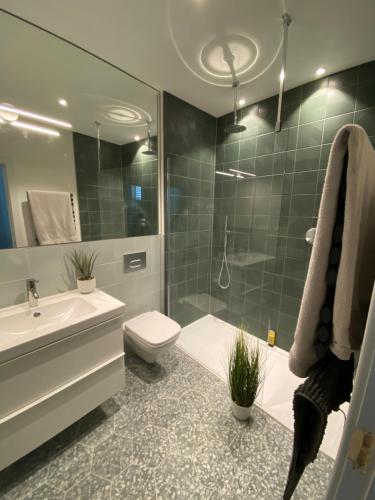 特威克纳姆May Road, stylish townhouse的浴室配有卫生间、盥洗盆和淋浴。