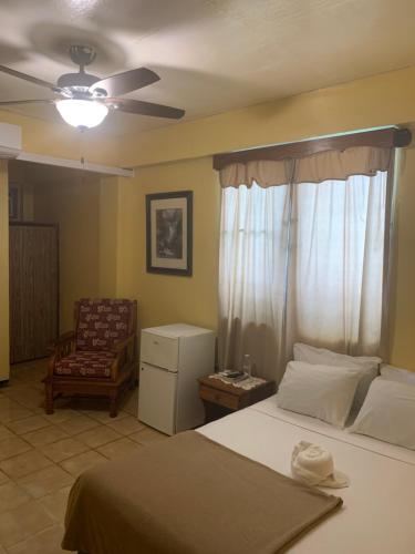 丹格里加查理诺尔酒店的一间卧室配有一张床、一把椅子和吊扇