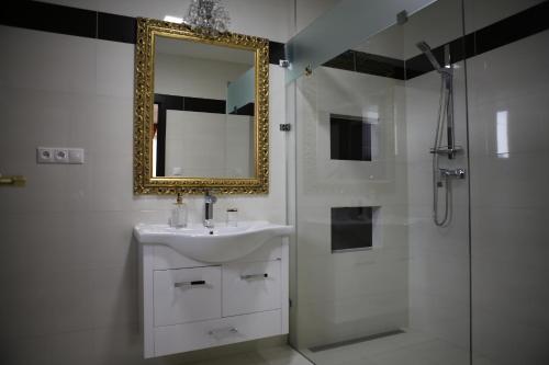 布拉迪斯拉发克托娃汽车旅馆的浴室配有盥洗盆和带镜子的淋浴