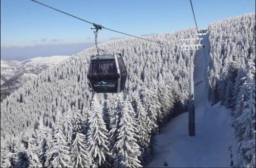 科帕奥尼克APARTMENTS FOKA&SPA - 600m from Gondola ski lift的滑雪缆车,飞越雪覆盖的山