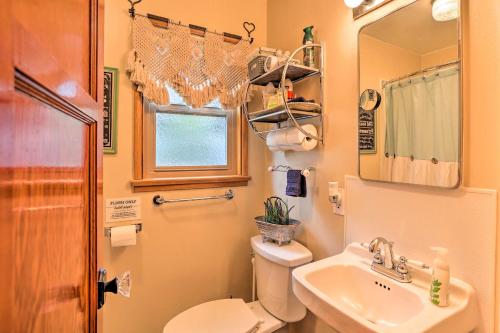 赖特伍德Wrightwood Cabin with Cozy Interior!的一间带卫生间、水槽和镜子的浴室