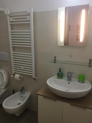 马泰拉La Casa del Giglio的一间带水槽、镜子和卫生间的浴室