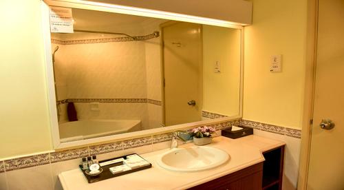 迪沙鲁D'Vista Residenz in Lotus Desaru Beach Resort的一间带水槽和大镜子的浴室
