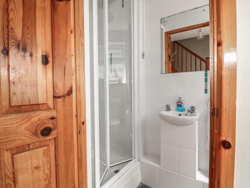 甘尼斯莱克Dartmoor Valley Lodge 10的带淋浴和盥洗盆的浴室