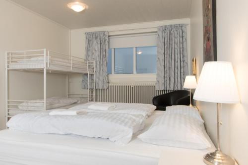 塞尔福斯Ljosafoss Guest House的一间卧室配有两张床和一张双层床。
