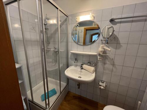 魏勒-锡默贝格Gasthof - Pension - Adler的带淋浴、盥洗盆和镜子的浴室