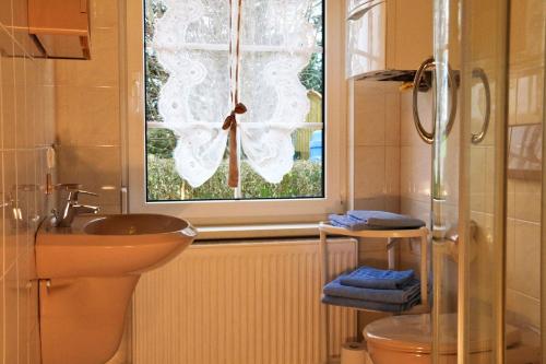 奥斯赛拜-屈隆斯博恩Ferienhaus in Kühlungsborn的一间带卫生间、水槽和窗户的浴室