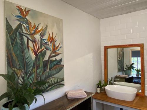 Curryʼs PostYellowwoods Farm - POOL COTTAGE (self-catering)的一间带水槽的浴室和墙上的绘画