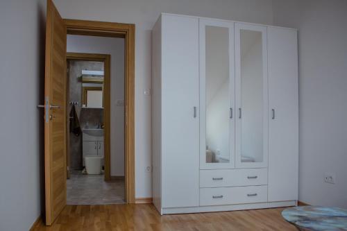 尼克希奇Apartman Mazić Nikšić的一间设有白色橱柜和走廊的房间