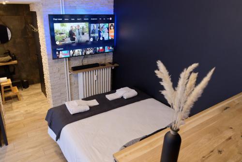 AulnatSpa & Love - Balnéo - Queen size - Cocooning的卧室配有一张床铺,墙上配有电视