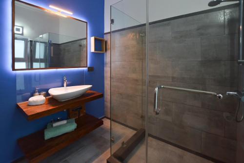 吉汶瓦Bless Villa Apartment的一间带水槽和玻璃淋浴的浴室