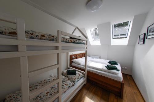 哈拉霍夫Luxusní horský apartmán v centru Harrachova的一间小房间,内设两张双层床