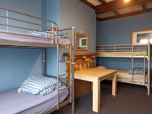 罗托鲁瓦Rotorua Central Backpackers的客房设有双层床、桌子和书桌。