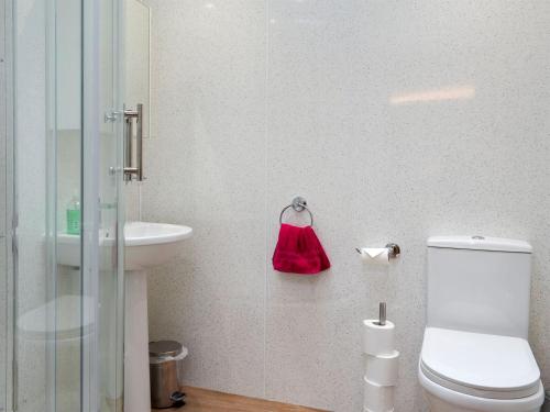 格洛索普Kinder Apartment - Uk12957的浴室设有卫生间、水槽和红色袋子
