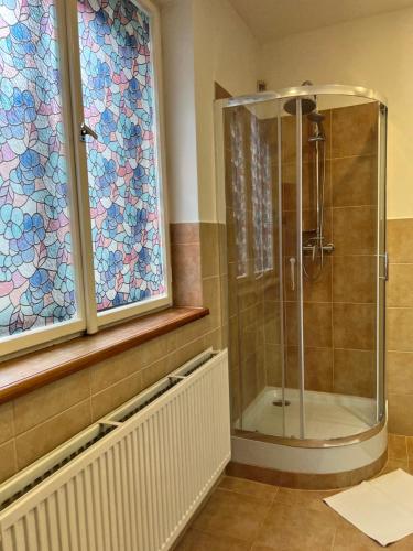 弗里代克-米斯泰克格言酒店的浴室设有彩色玻璃窗,配有淋浴。