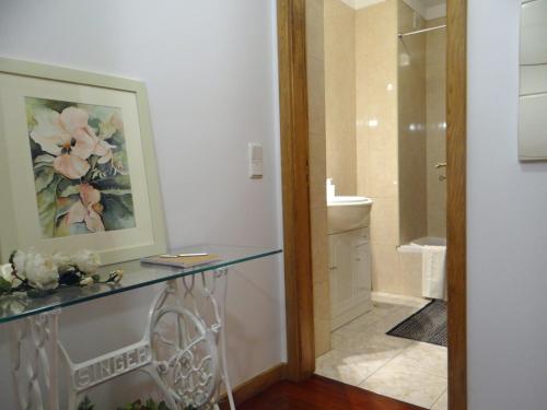 波尔图S. João Campus Porto Apartment的一间带玻璃台面和淋浴的浴室
