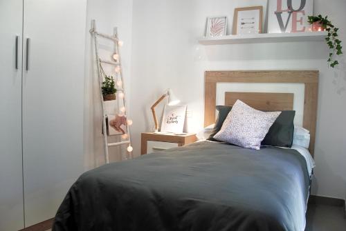 格拉纳达SANTA MARÍA APARTMENT Precioso apartamento en el centro de Granada - Parking gratuito的一间卧室配有一张带灰色毯子的床