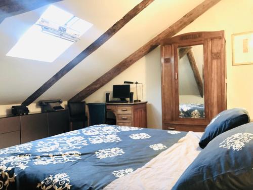 都灵Suite Sommeiller Comfort in centro的一间卧室配有蓝色的床和镜子