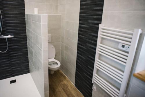 ChavanayChambre spacieuse Le clos des vignes的浴室设有白色卫生间和黑色瓷砖。