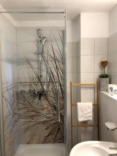 青斯特FeWo Sonnenblume Achtern Diek的带淋浴和盥洗盆的浴室