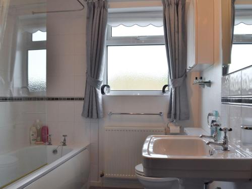 EatonThe Flat的一间带水槽和卫生间的浴室以及窗户。