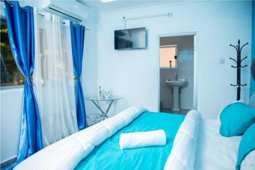 KazungulaKasbek Lodge & Tours的蓝色的卧室设有床和窗户