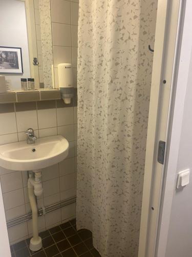斯德哥尔摩Metro Apart Hotel的一间带水槽和淋浴帘的浴室