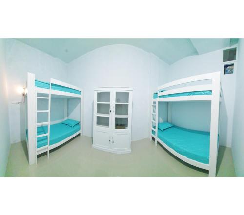 TakengonDepik Inn的蓝色墙壁的客房内设有两张双层床。