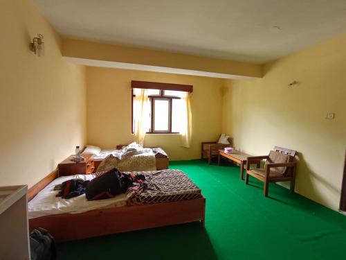 PemayangtseHotel Pemathang的一间设有两张床的客房,铺有绿色地毯