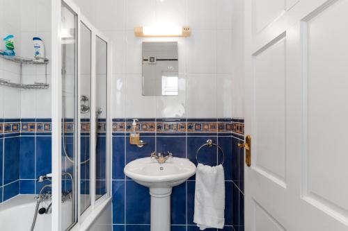 戈尔韦Private Room with Private Entrance.的蓝色和白色的浴室设有水槽和淋浴