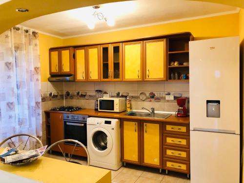 克利默内什蒂Casa Sofia的厨房配有黄色橱柜和洗衣机。