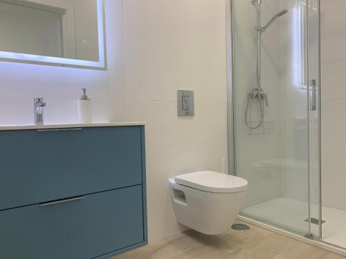 塞维利亚MonKeys Apartments Pagés del Corro Triana的一间带卫生间和玻璃淋浴间的浴室