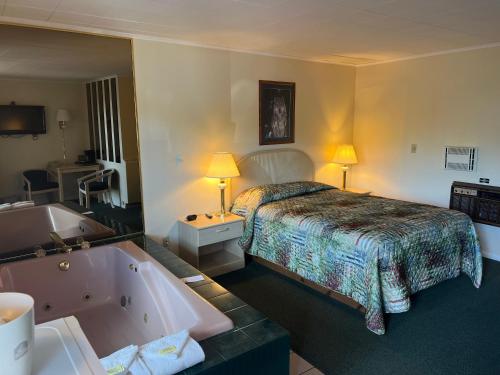 马尼斯蒂克Gray Wolf Lodge的酒店客房配有一张床和浴缸。