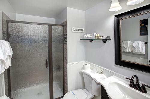 西塞德拉奈湾公寓酒店的带淋浴、卫生间和盥洗盆的浴室