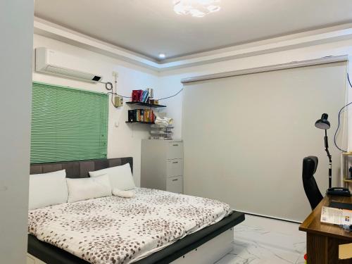 武端市Holiday House near Butuan City Airport的一间卧室设有一张床和一个绿色的窗户