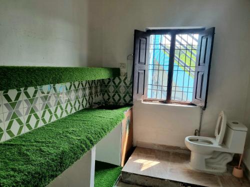 JhirnaJim Corbett Home stay的墙壁上种植了绿色植物的浴室和卫生间