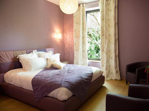 圣吉尔Domaine du Prieuré d'Estagel的一间卧室设有一张大床和窗户