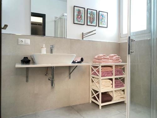 塞维利亚Hispalis Menendez Pelayo的浴室配有盥洗盆和带毛巾的台面。