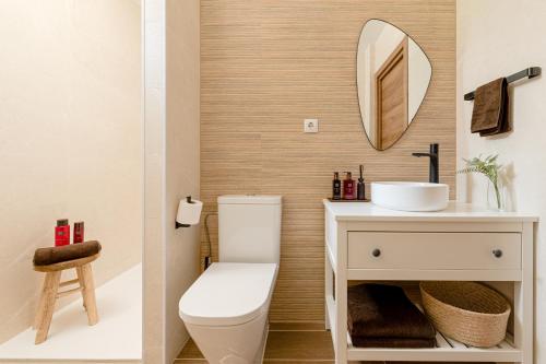 桑坦德Estilo japandi Sardinero的一间带卫生间、水槽和镜子的浴室