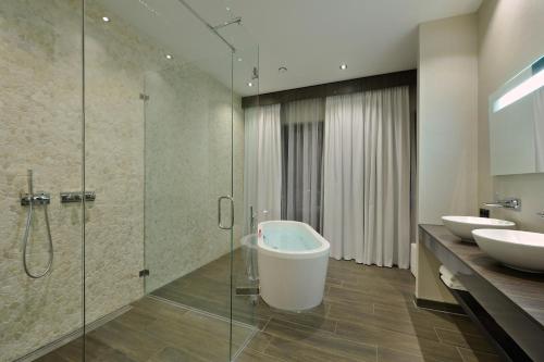 霍恩霍伦范德沃尔酒店 的一间带两个水槽和玻璃淋浴间的浴室