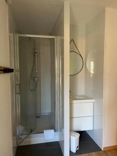 泰晤勒·苏尔·梅尔Village Vacances Lou Castelet的带淋浴、盥洗盆和卫生间的浴室