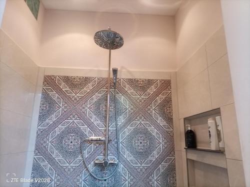 巴姆施泰特Glamping Altes Pastorat的带淋浴的浴室(带瓷砖墙)