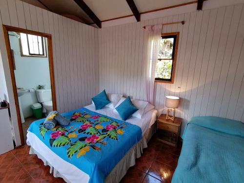 安加罗阿Tuava Lodge的一间卧室配有一张带蓝色毯子的床
