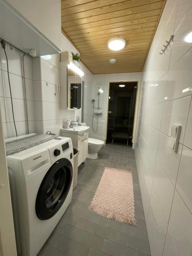 罗瓦涅米River的浴室配有洗衣机、盥洗盆和卫生间
