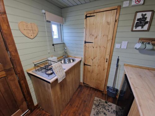 霍利黑德Stunning 1-Bed shepherd hut in Holyhead的一间带水槽和木门的浴室