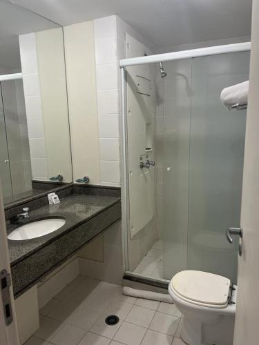 圣保罗Lindo Flat ao Lado do Aeroporto de Congonhas的带淋浴、盥洗盆和卫生间的浴室
