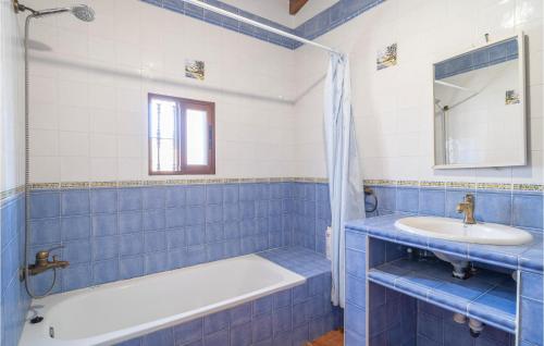 AlmácharAwesome Home In Almachar With Wifi的蓝色和白色的浴室设有浴缸和水槽