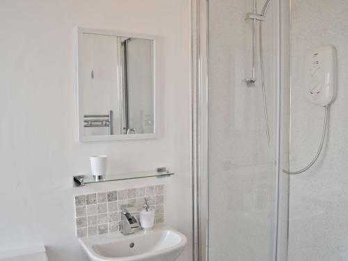 阿尼克Joellen Cottage的白色的浴室设有水槽和淋浴。